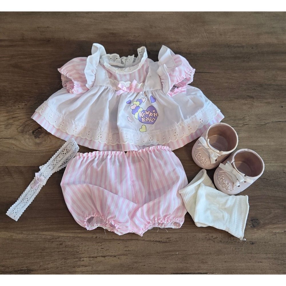 Vintage Kewpie Babies Pink Striped Doll Outfit Dress Bloomers Shoes Headband Set